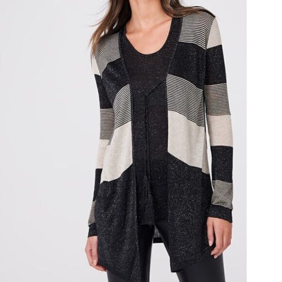 Melanie Lynn Metallic Cardigan Open Striped Black Gold Women's S Tie Tassel - Picture 1 of 9